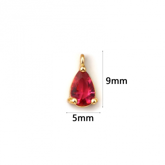 Immagine di 5 PCs Brass Birthstone Charms 18K Gold Plated Drop July Mini Fuchsia Cubic Zirconia 9mm x 5mm