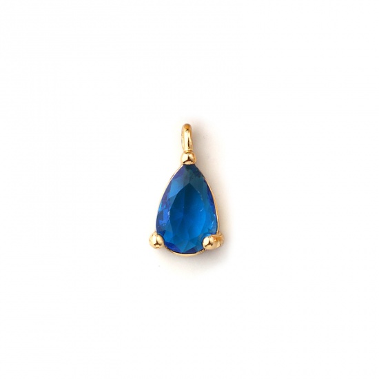 Immagine di 5 PCs Brass Birthstone Charms 18K Gold Plated Drop September Mini Royal Blue Cubic Zirconia 9mm x 5mm