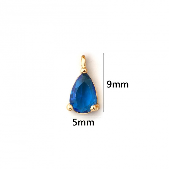 Immagine di 5 PCs Brass Birthstone Charms 18K Gold Plated Drop September Mini Royal Blue Cubic Zirconia 9mm x 5mm