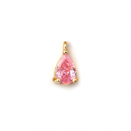 Immagine di 5 PCs Brass Birthstone Charms 18K Gold Plated Drop October Mini Pink Cubic Zirconia 9mm x 5mm