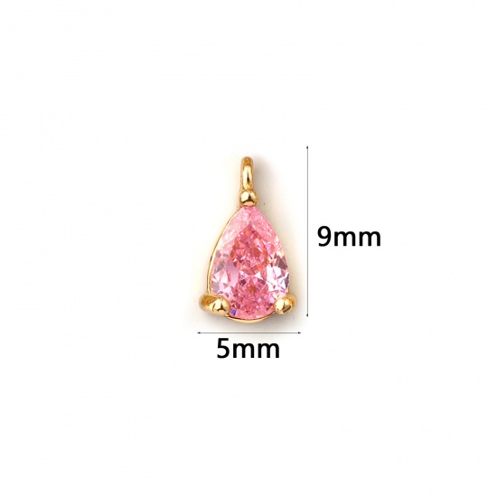 Immagine di 5 PCs Brass Birthstone Charms 18K Gold Plated Drop October Mini Pink Cubic Zirconia 9mm x 5mm