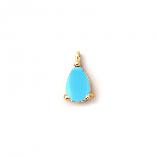 Immagine di 5 PCs Brass Birthstone Charms 18K Gold Plated Drop December Mini Light Blue Cubic Zirconia 9mm x 5mm