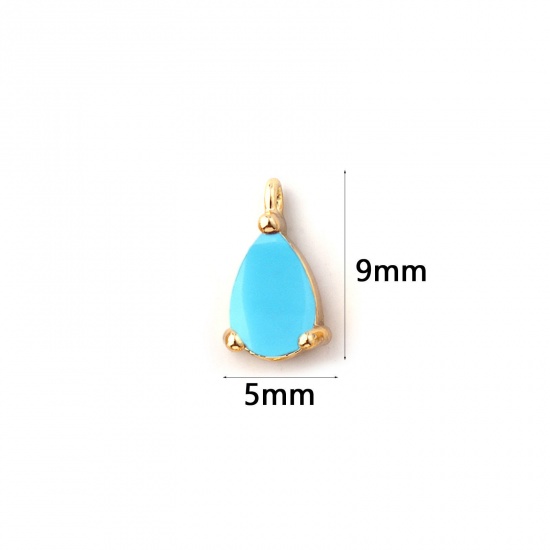 Immagine di 5 PCs Brass Birthstone Charms 18K Gold Plated Drop December Mini Light Blue Cubic Zirconia 9mm x 5mm