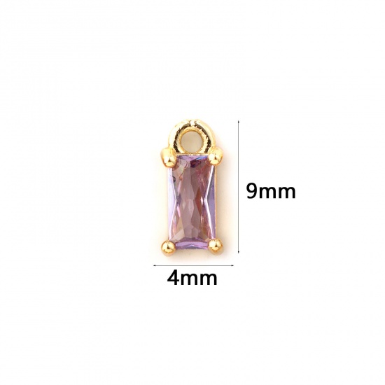 Immagine di 5 Pz Ottone Pietre Nascita Ciondoli Placcato Oro 18K Rettangolo Febbraio Mini Viola Cubic Zirconiae 9mm x 4mm