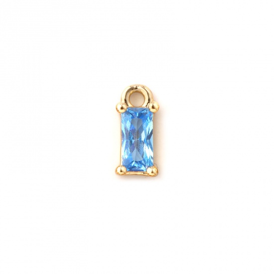 Immagine di 5 Pz Ottone Pietre Nascita Ciondoli Placcato Oro 18K Rettangolo Marzo Mini Acqua Blu Cubic Zirconiae 9mm x 4mm