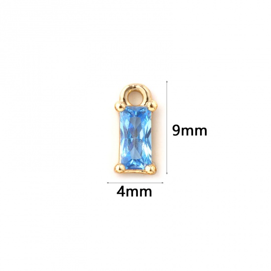 Immagine di 5 Pz Ottone Pietre Nascita Ciondoli Placcato Oro 18K Rettangolo Marzo Mini Acqua Blu Cubic Zirconiae 9mm x 4mm