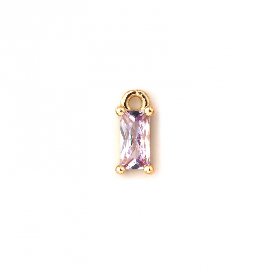 Immagine di 5 Pz Ottone Pietre Nascita Ciondoli Placcato Oro 18K Rettangolo Giugno Mini Viola Pallido Cubic Zirconiae 9mm x 4mm