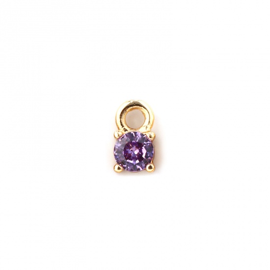 Immagine di 5 Pz Ottone Pietre Nascita Ciondoli Placcato Oro 18K Tondo Febbraio Mini Viola Cubic Zirconiae 6mm x 3mm