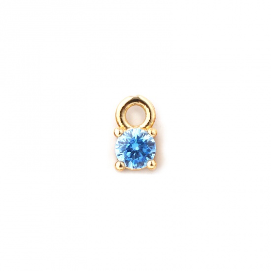 Immagine di 5 Pz Ottone Pietre Nascita Ciondoli Placcato Oro 18K Tondo Marzo Mini Acqua Blu Cubic Zirconiae 6mm x 3mm