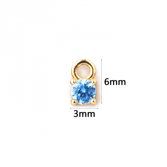 Immagine di 5 Pz Ottone Pietre Nascita Ciondoli Placcato Oro 18K Tondo Marzo Mini Acqua Blu Cubic Zirconiae 6mm x 3mm