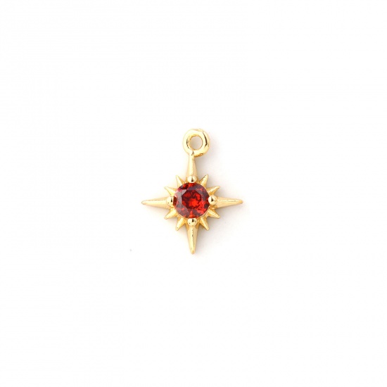 Bild von 2 Stück Messing Monatsstein Charms 18K Vergoldet Stern Januar Mini Rotweinfarben Kubischer Zirkon 10.5mm x 8.5mm