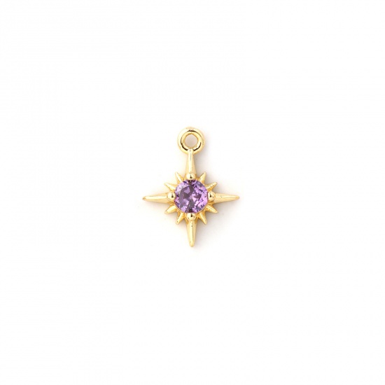 Bild von 2 Stück Messing Monatsstein Charms 18K Vergoldet Stern Februar Mini Lila Kubischer Zirkon 10.5mm x 8.5mm