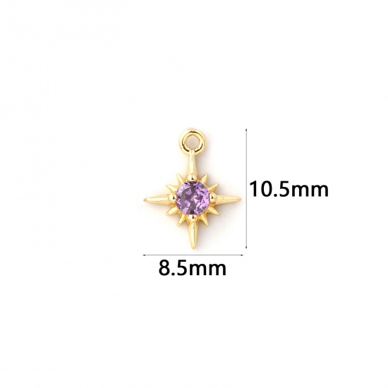 Bild von 2 Stück Messing Monatsstein Charms 18K Vergoldet Stern Februar Mini Lila Kubischer Zirkon 10.5mm x 8.5mm