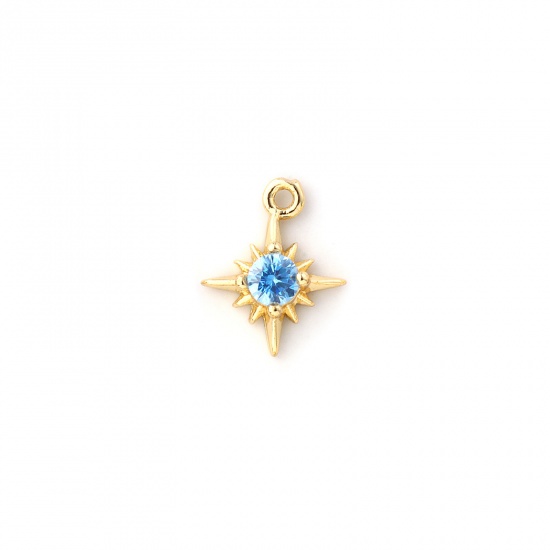 Bild von 2 Stück Messing Monatsstein Charms 18K Vergoldet Stern März Mini Aquamarinblau Kubischer Zirkon 10.5mm x 8.5mm