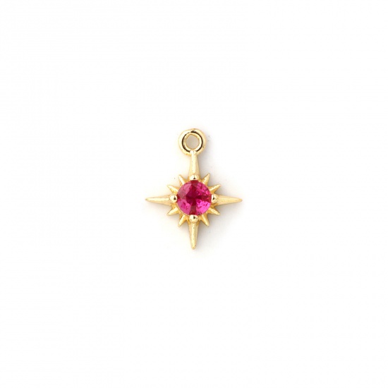 Bild von 2 Stück Messing Monatsstein Charms 18K Vergoldet Stern Juli Mini Fuchsie Kubischer Zirkon 10.5mm x 8.5mm