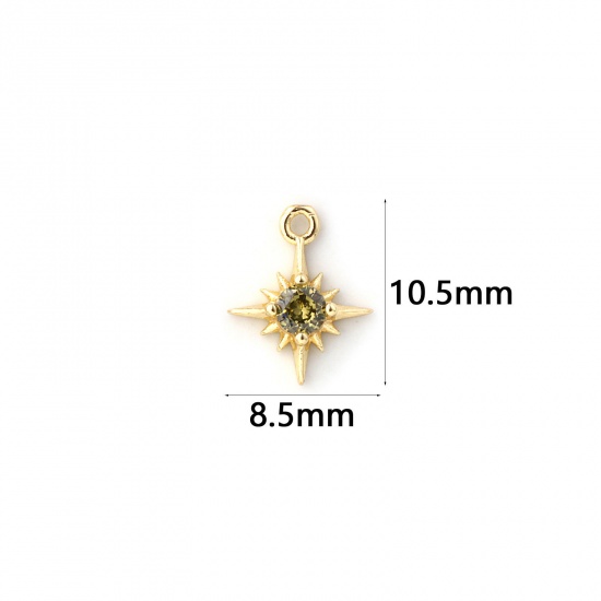 Bild von 2 Stück Messing Monatsstein Charms 18K Vergoldet Stern August Mini Olivgrün Kubischer Zirkon 10.5mm x 8.5mm