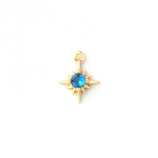 Bild von 2 Stück Messing Monatsstein Charms 18K Vergoldet Stern September Mini Knallblau Kubischer Zirkon 10.5mm x 8.5mm