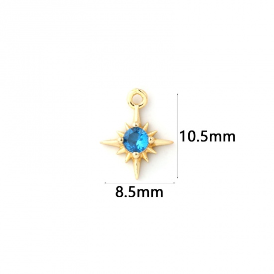 Bild von 2 Stück Messing Monatsstein Charms 18K Vergoldet Stern September Mini Knallblau Kubischer Zirkon 10.5mm x 8.5mm
