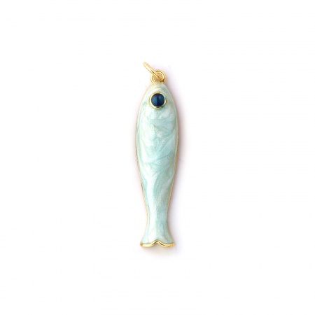 Picture of 1 Piece Eco-friendly Brass Ocean Jewelry Pendants 18K Real Gold Plated Light Blue Enamel Fish Animal Pearlized 3.7cm x 0.8cm