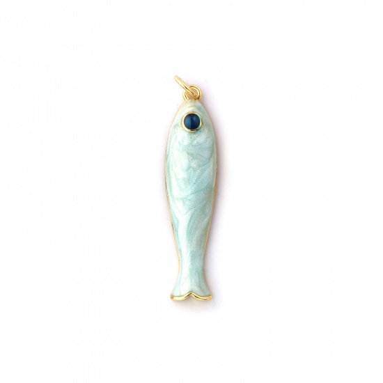 Immagine di 1 Pz Ecologico Ottone Gioielli Oceanici Ciondoli Pendenti 18K Vero Oro Placcato Blu Chiaro Smalto Pesce Madreperla 3.7cm x 0.8cm