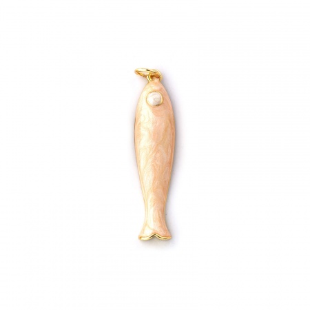 Picture of 1 Piece Eco-friendly Brass Ocean Jewelry Pendants 18K Real Gold Plated Peachy Beige Enamel Fish Animal Pearlized 3.7cm x 0.8cm
