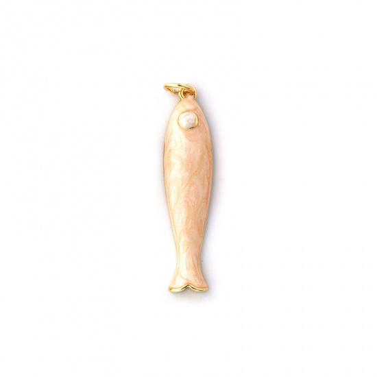 Immagine di 1 Pz Ecologico Ottone Gioielli Oceanici Ciondoli Pendenti 18K Vero Oro Placcato Beige come Pesca Smalto Pesce Madreperla 3.7cm x 0.8cm
