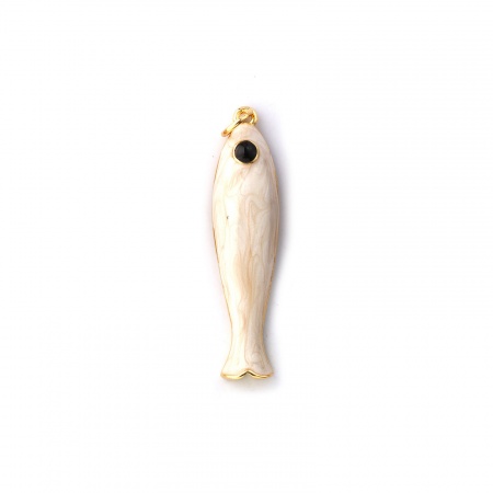 Picture of 1 Piece Eco-friendly Brass Ocean Jewelry Pendants 18K Real Gold Plated Creamy-White Enamel Fish Animal Pearlized 3.7cm x 0.8cm