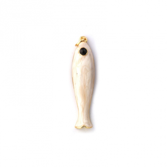 Immagine di 1 Pz Ecologico Ottone Gioielli Oceanici Ciondoli Pendenti 18K Vero Oro Placcato Bianco Sporco Smalto Pesce Madreperla 3.7cm x 0.8cm