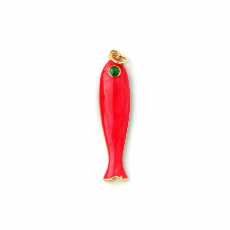 Picture of 1 Piece Eco-friendly Brass Ocean Jewelry Pendants 18K Real Gold Plated Red Enamel Fish Animal Pearlized 3.7cm x 0.8cm