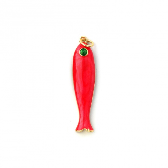 Immagine di 1 Pz Ecologico Ottone Gioielli Oceanici Ciondoli Pendenti 18K Vero Oro Placcato Rosso Smalto Pesce Madreperla 3.7cm x 0.8cm