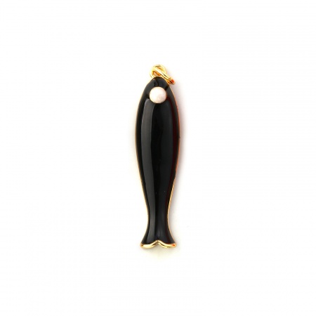 Picture of 1 Piece Eco-friendly Brass Ocean Jewelry Pendants 18K Real Gold Plated Black Enamel Fish Animal 3.7cm x 0.8cm