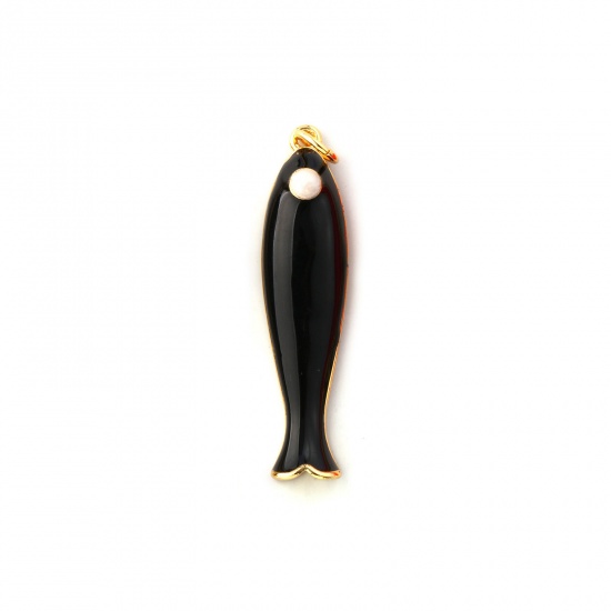 Immagine di 1 Pz Ecologico Ottone Gioielli Oceanici Ciondoli Pendenti 18K Vero Oro Placcato Nero Smalto Pesce 3.7cm x 0.8cm
