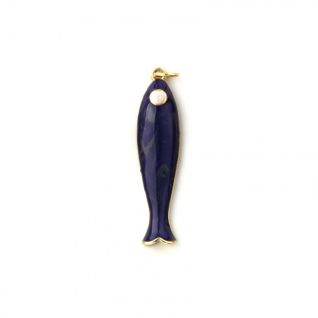 Picture of 1 Piece Eco-friendly Brass Ocean Jewelry Pendants 18K Real Gold Plated Dark Blue Enamel Fish Animal 3.7cm x 0.8cm