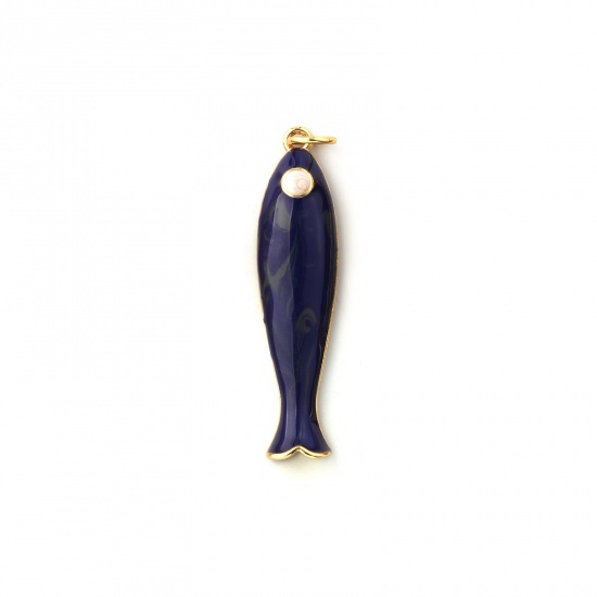 Immagine di 1 Pz Ecologico Ottone Gioielli Oceanici Ciondoli Pendenti 18K Vero Oro Placcato Blu Scuro Smalto Pesce 3.7cm x 0.8cm