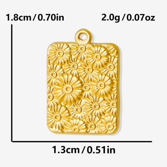 Imagen de 2 Unidades Recubrimiento al Vacío PVD Ecológico 304 Acero Inoxidable Colgantes Chapado en Oro de 18K Rectángulo Flor de la margarita 18mm x 13mm