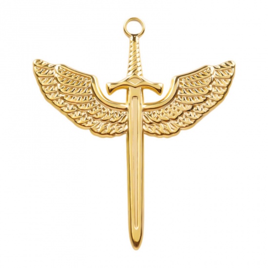 Immagine di 2 Pz Placcatura Sottovuoto PVD Ecologica 304 Acciaio Inossidabile Ciondoli Pendenti Placcato Oro 18K Spada Ali 4.1cm x 3.6cm