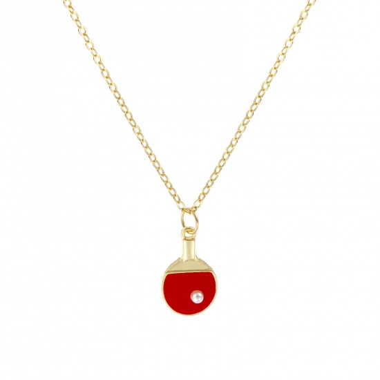Picture of 18K Real Gold Plated Link Cable Chain Table Tennis Paddle Bat Pendant Charm Necklace, Brass 46cm(18.1") + 6cm(2.4"), For Women, Red Enamel Acrylic Imitation Pearl, Sport Gift, Eco-friendly, 1 Piece