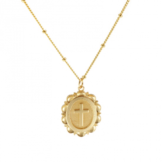 Immagine di 18K Real Gold Plated Curb Link Chain Oval Pendant Charm Necklace, Brass 45cm(17.7") + 5cm(2"), For Women, Cross Retro Religious Gift, Eco-friendly, 1 Piece