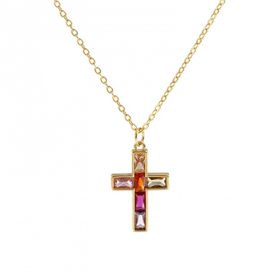 Immagine di 18K Real Gold Plated Link Cable Chain Cross Pendant Charm Necklace, Brass 46cm(18.1") + 6cm(2.4"), For Women, Multicolor Rhinestone Retro Religious Gift, Eco-friendly, 1 Piece