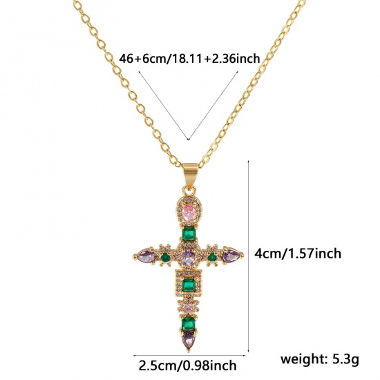 Immagine di 18K Real Gold Plated Link Cable Chain Cross Pendant Charm Necklace, Brass 46cm(18.1") + 6cm(2.4"), For Women, Multicolour Cubic Zirconia Micro Pave, Retro Religious Gift, Eco-friendly, 1 Piece