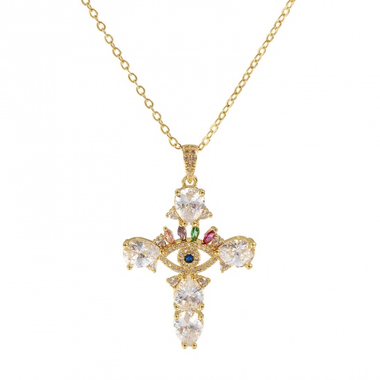 Immagine di 18K Real Gold Plated Link Cable Chain Cross Pendant Charm Necklace, Brass 46cm(18.1") + 6cm(2.4"), For Women, Multicolour Cubic Zirconia Micro Pave, Retro Religious Gift, Eco-friendly, 1 Piece