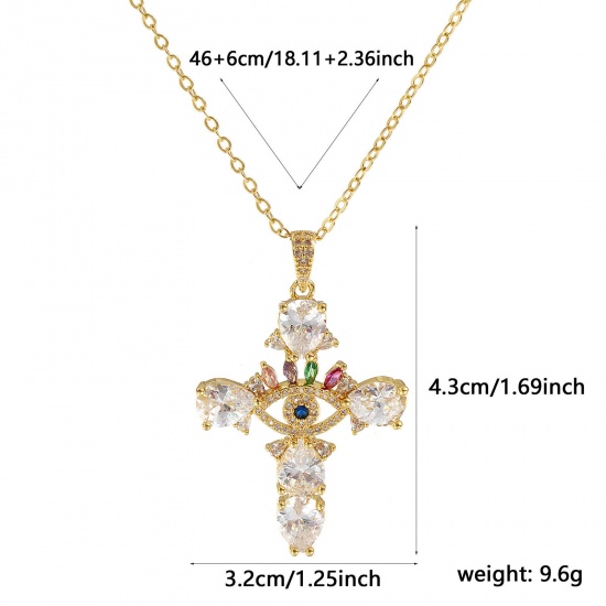 Immagine di 18K Real Gold Plated Link Cable Chain Cross Pendant Charm Necklace, Brass 46cm(18.1") + 6cm(2.4"), For Women, Multicolour Cubic Zirconia Micro Pave, Retro Religious Gift, Eco-friendly, 1 Piece