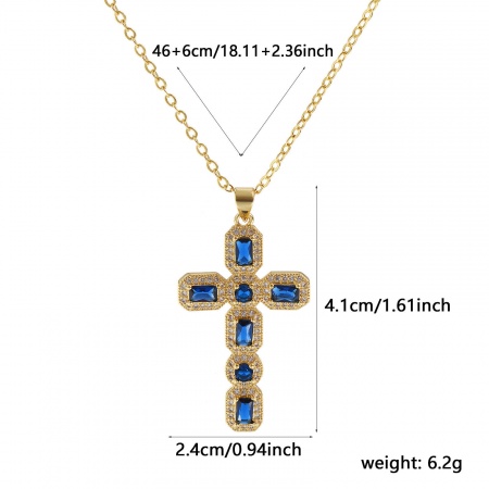 Imagen de 18K Oro Real Chapado Cadena de Cable Cruz Cruz Collar con Colgante, Latón 46cm + 6cm, Para Mujeres, Azul Circón Artificial Micro Pave, Retro Religión Regalo, Respetuoso del Medio Ambiente, 1 Unidad