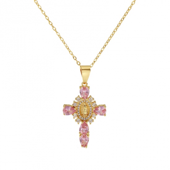 Immagine di 18K Real Gold Plated Link Cable Chain Cross Pendant Charm Necklace, Brass & Glass 46cm(18.1") + 6cm(2.4"), For Women, Clear Cubic Zirconia Virgin Mary Pink Micro Pave, Retro Religious Gift, Eco-friendly, 1 Piece