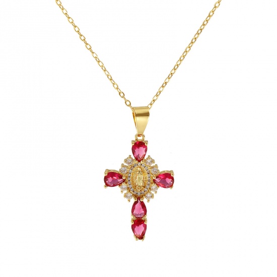 Immagine di 18K Real Gold Plated Link Cable Chain Cross Pendant Charm Necklace, Brass & Glass 46cm(18.1") + 6cm(2.4"), For Women, Clear Cubic Zirconia Virgin Mary Fuchsia Micro Pave, Retro Religious Gift, Eco-friendly, 1 Piece