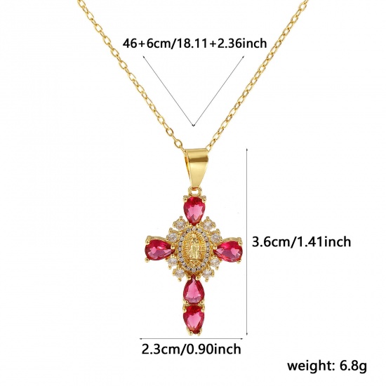 Immagine di 18K Real Gold Plated Link Cable Chain Cross Pendant Charm Necklace, Brass & Glass 46cm(18.1") + 6cm(2.4"), For Women, Clear Cubic Zirconia Virgin Mary Fuchsia Micro Pave, Retro Religious Gift, Eco-friendly, 1 Piece