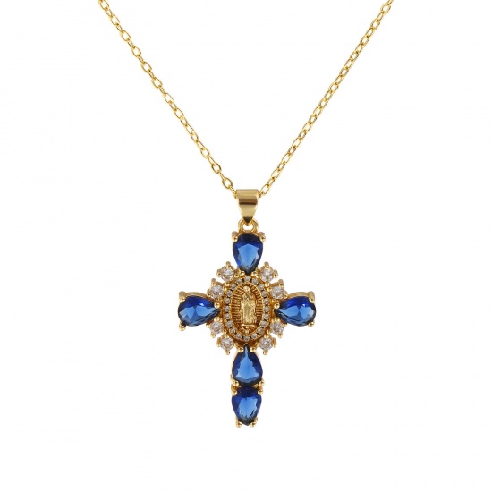 Immagine di 18K Real Gold Plated Link Cable Chain Cross Pendant Charm Necklace, Brass & Glass 46cm(18.1") + 6cm(2.4"), For Women, Clear Cubic Zirconia Virgin Mary Dark Blue Micro Pave, Retro Religious Gift, Eco-friendly, 1 Piece