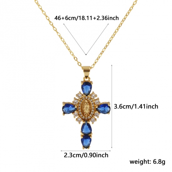 Immagine di 18K Real Gold Plated Link Cable Chain Cross Pendant Charm Necklace, Brass & Glass 46cm(18.1") + 6cm(2.4"), For Women, Clear Cubic Zirconia Virgin Mary Dark Blue Micro Pave, Retro Religious Gift, Eco-friendly, 1 Piece
