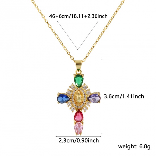 Immagine di 18K Real Gold Plated Link Cable Chain Cross Pendant Charm Necklace, Brass & Glass 46cm(18.1") + 6cm(2.4"), For Women, Clear Cubic Zirconia Virgin Mary Multicolor Micro Pave, Retro Religious Gift, Eco-friendly, 1 Piece