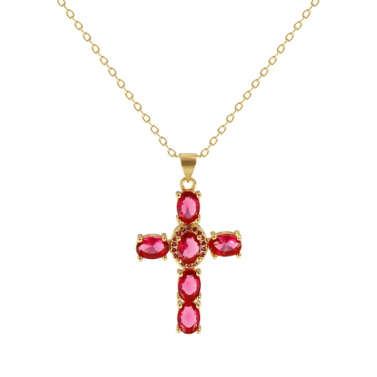 Picture of 18K Real Gold Plated Link Cable Chain Cross Pendant Charm Necklace, Brass 46cm(18.1") + 6cm(2.4"), For Women, Fuchsia Cubic Zirconia Micro Pave, Retro Religious Gift, Eco-friendly, 1 Piece